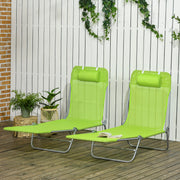 Green Folding Sun Loungers Set of 2 with Reclining Backs and Pillows for Patio or Beach