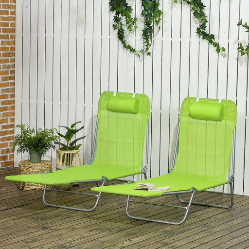 Green Folding Sun Loungers Set of 2 with Reclining Backs and Pillows for Patio or Beach