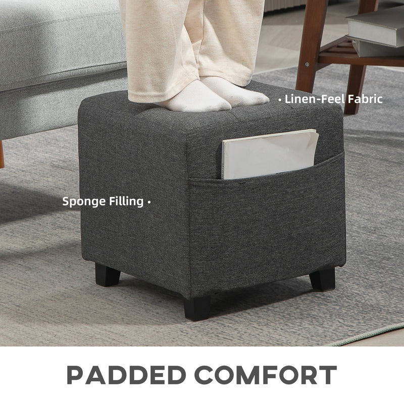 Grey Square Linen Footstool With Side Pocket and Wooden Legs by HOMCOM