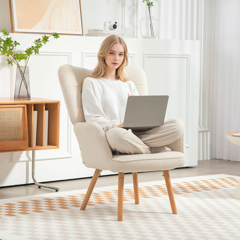 Cream Upholstered Wingback Armchair with Tufted Back and Wooden Legs for Lounge or Bedroom