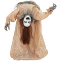 Animated broken-back ghost Halloween decoration with a pale mask face and long hair