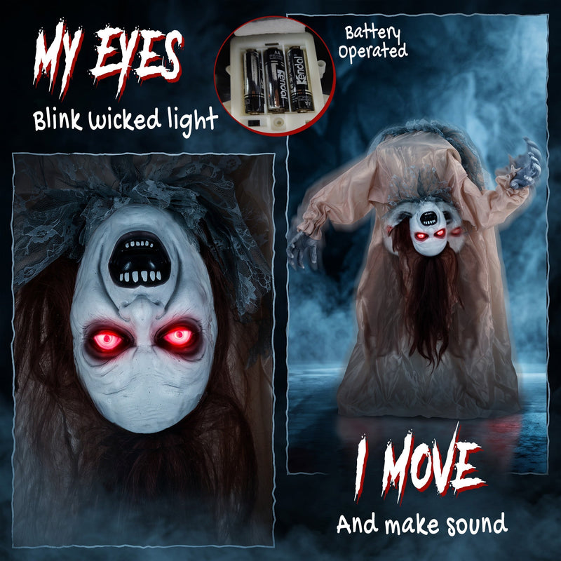 Close-up of the broken-back ghost's glowing red eyes and battery compartment