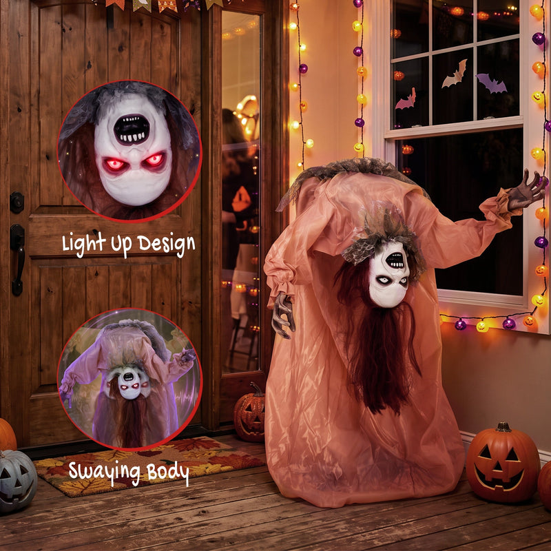 Broken-back ghost decoration feature callouts for light-up design and swaying body