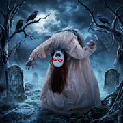 Broken-back ghost decoration displayed in a moonlit graveyard with crows
