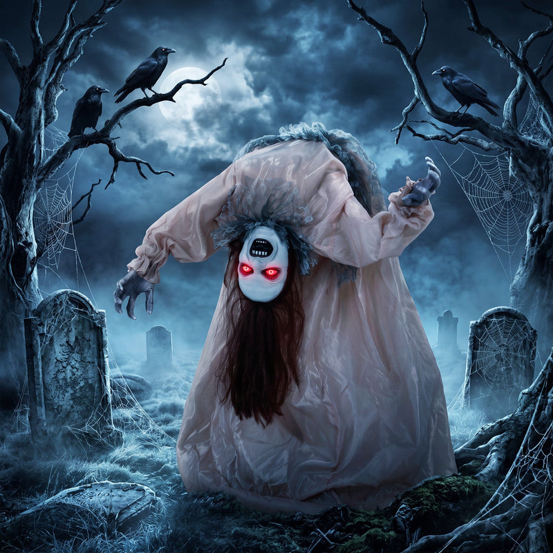 Broken-back ghost decoration displayed in a moonlit graveyard with crows