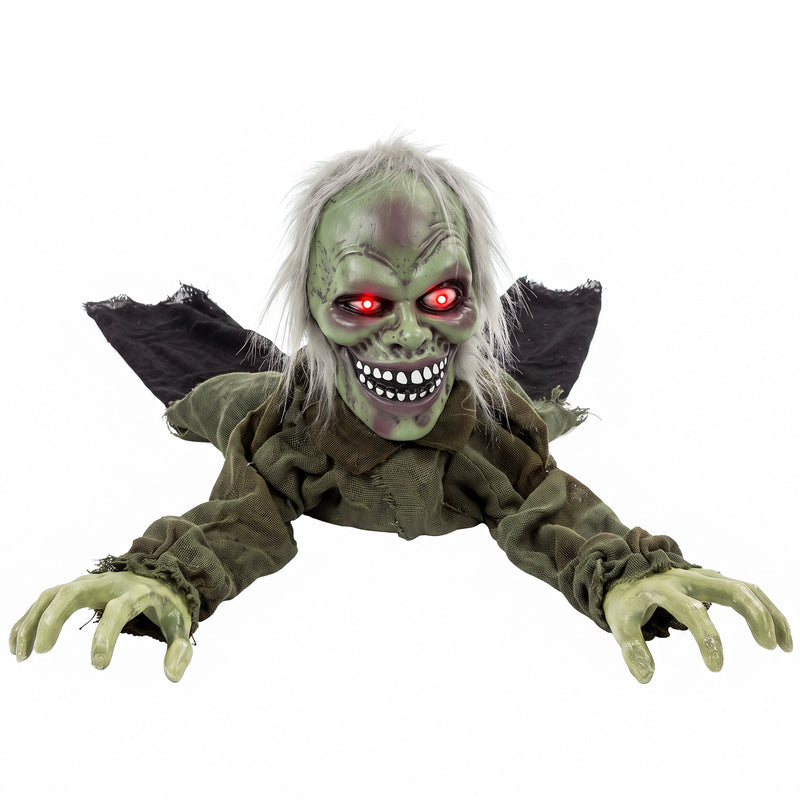 Animated crawling zombie Halloween decoration with grey-green skin and glowing red eyes