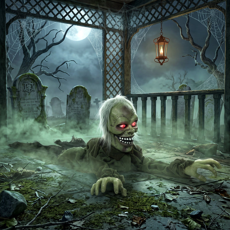 Crawling zombie decoration emerging from the ground in a graveyard display