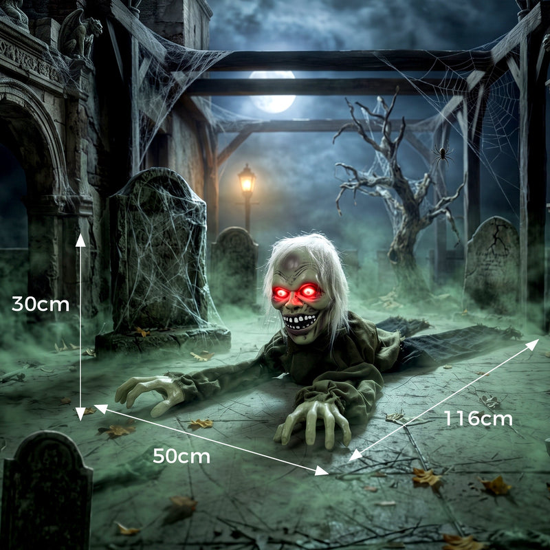 Dimensions diagram showing the crawling zombie at 116 cm long, 50 cm wide and 30 cm tall