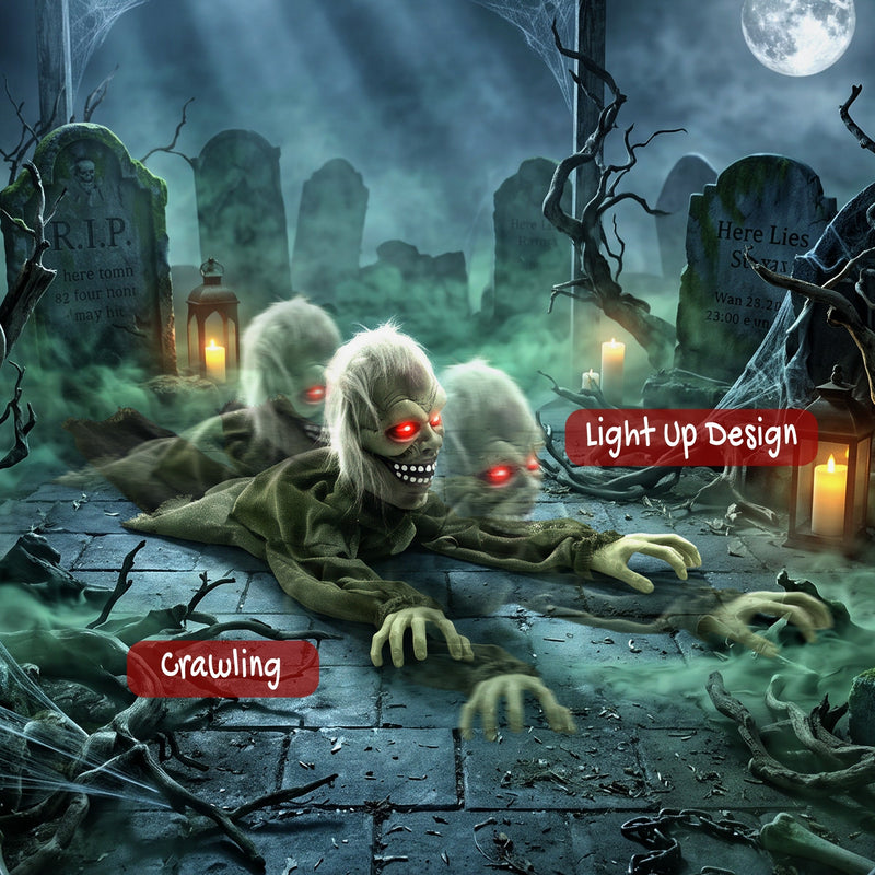 Crawling zombie decoration feature callouts for light-up design and crawling motion