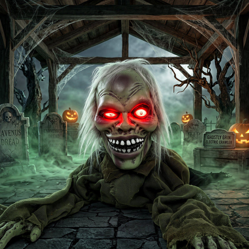 Crawling zombie decoration close-up under a wooden graveyard archway at night