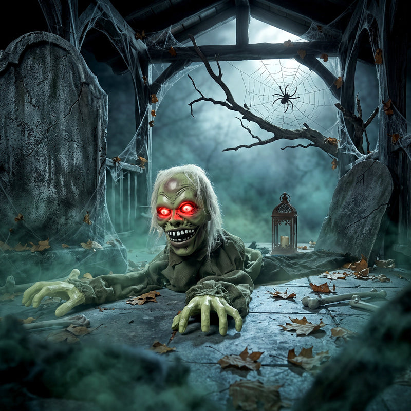 Crawling zombie decoration displayed among fallen leaves and gravestones
