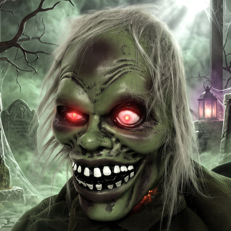 Close-up portrait of the crawling zombie decoration's face and glowing eyes