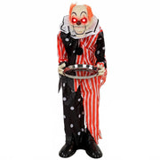 Animated Halloween clown holding a candy tray on plain background