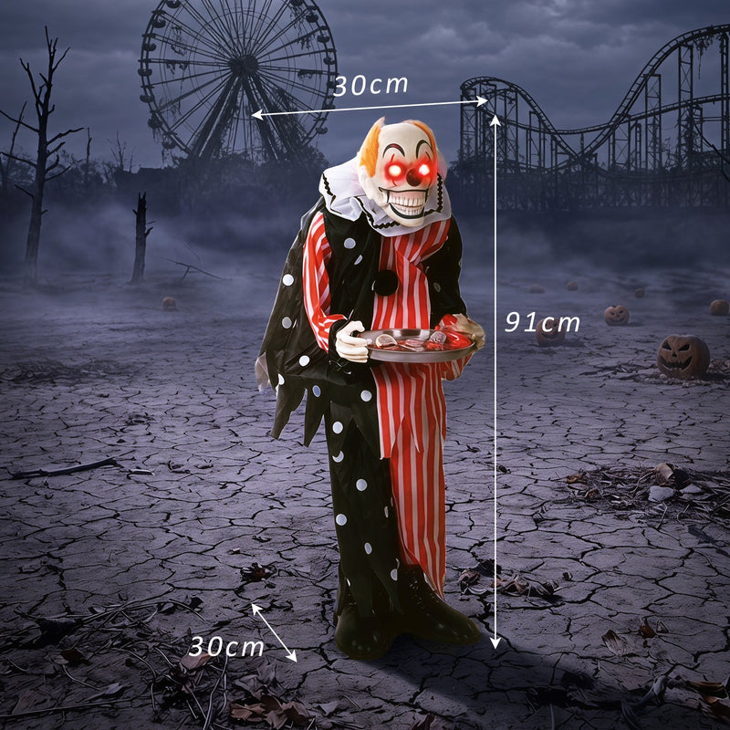 Close-up of the clown's glowing red eyes and battery compartment