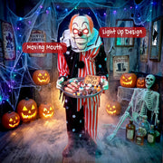 Candy tray clown decoration labelled with moving mouth and light-up design in a haunted room