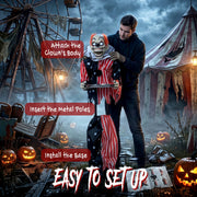 Assembly steps showing the clown's body, metal poles and base being set up