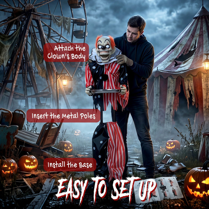 Assembly steps showing the clown's body, metal poles and base being set up