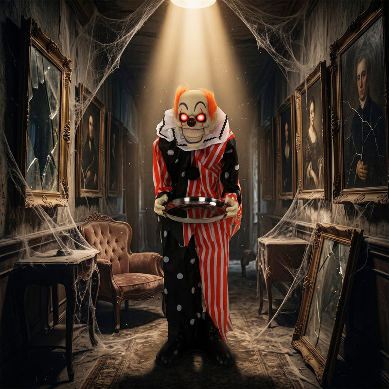 Candy tray clown decoration standing in a haunted portrait gallery hallway