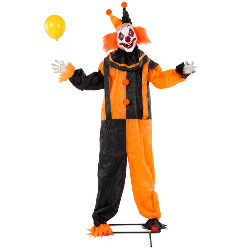 Animated Halloween clown in jester hat holding a yellow balloon on plain background