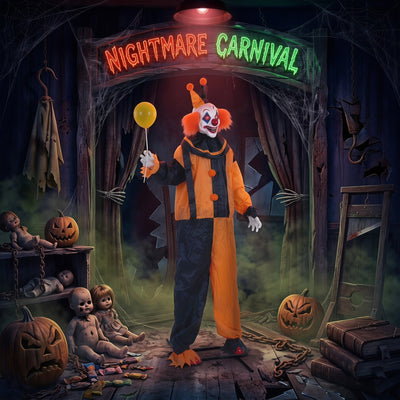 Balloon prop clown decoration standing at a nightmare carnival entrance display