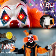 Close-up of the clown's glowing eyes and battery compartment