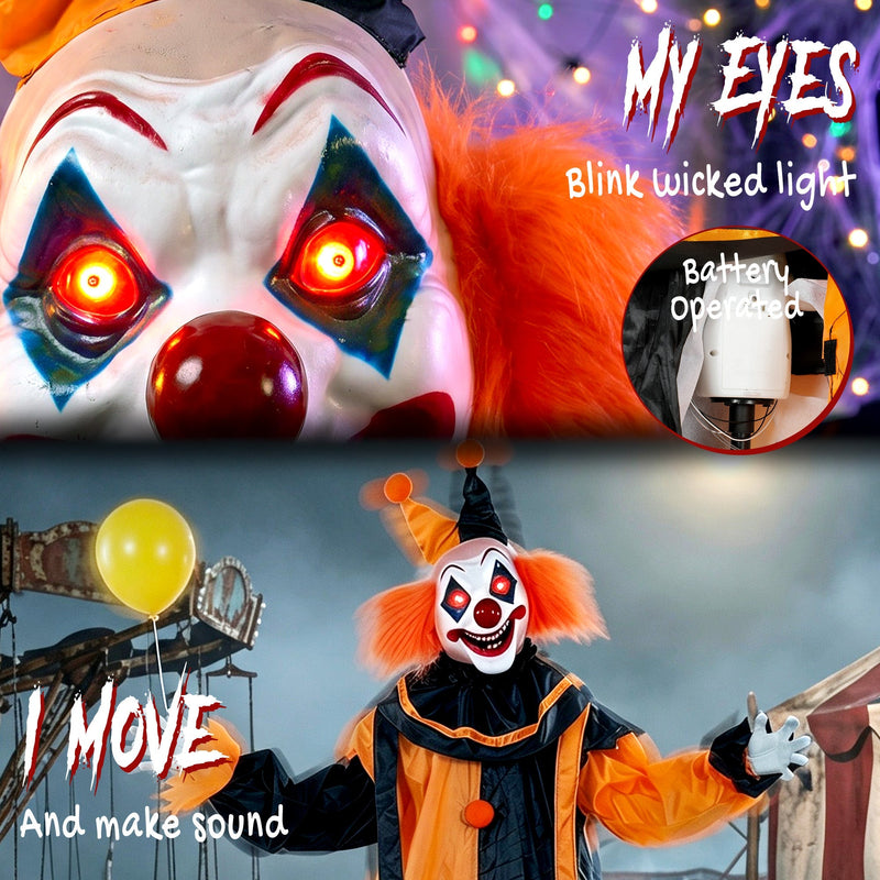 Close-up of the clown's glowing eyes and battery compartment