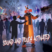 Balloon prop clown decoration at a Halloween fright night display with sound and touch activation