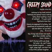 Close-up of the clown's face with English-voice spooky sound effects