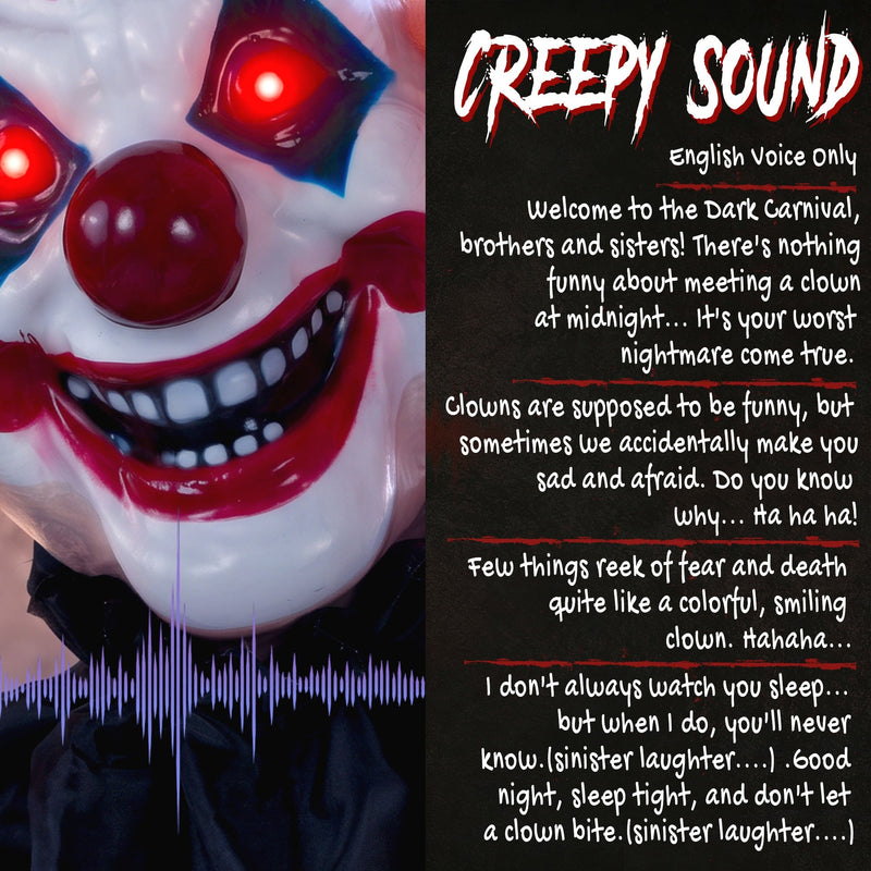 Close-up of the clown's face with English-voice spooky sound effects