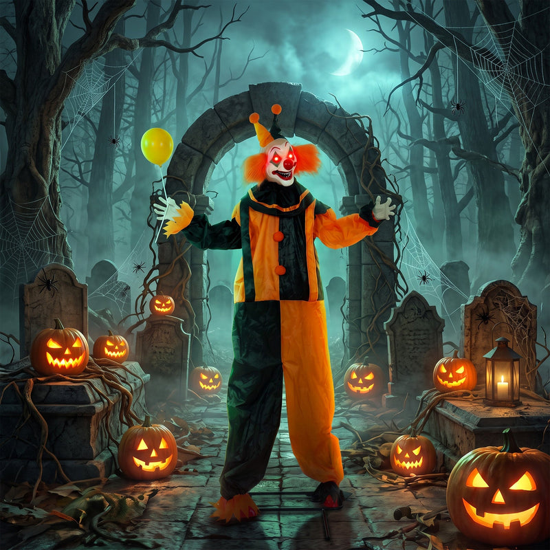 Balloon prop clown decoration standing at a graveyard archway display
