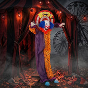 Animated dartboard-head clown standing in a spooky circus tent display