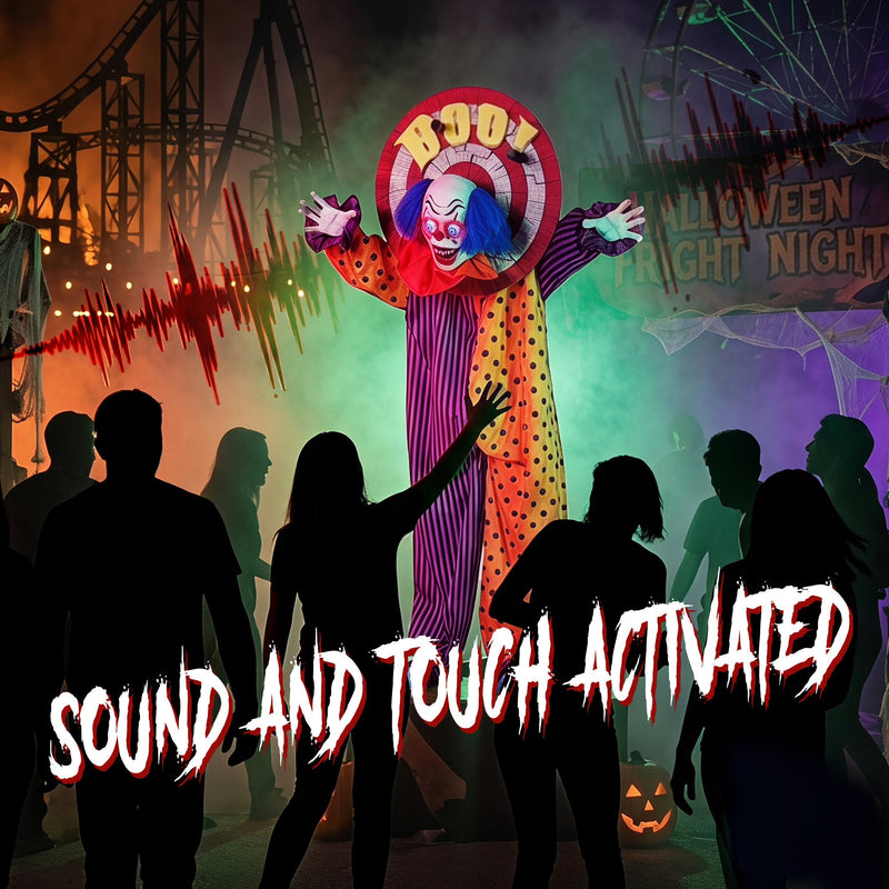 Animated clown decoration at a Halloween fright night display with sound and touch activation