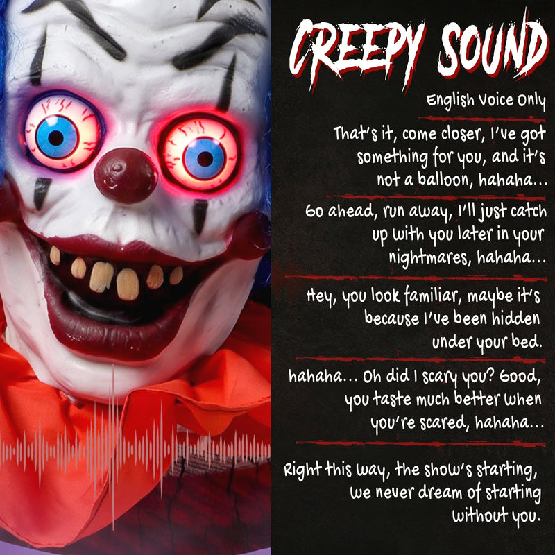 Close-up of the clown's face with glowing eyes and English-voice spooky sound effects
