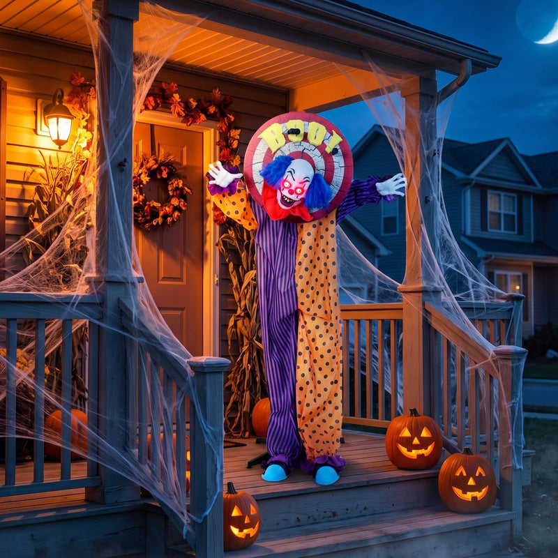 Animated clown decoration lit up on a Halloween porch display at night