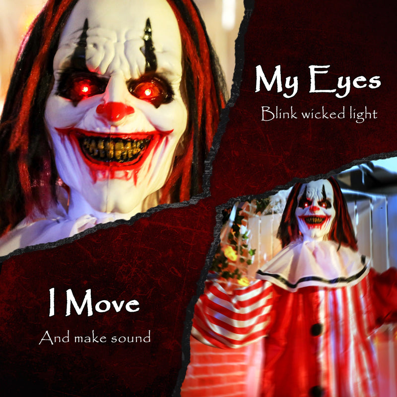 Close-up of the clown's light-up red eyes and posable arm on the Outsunny Halloween decoration