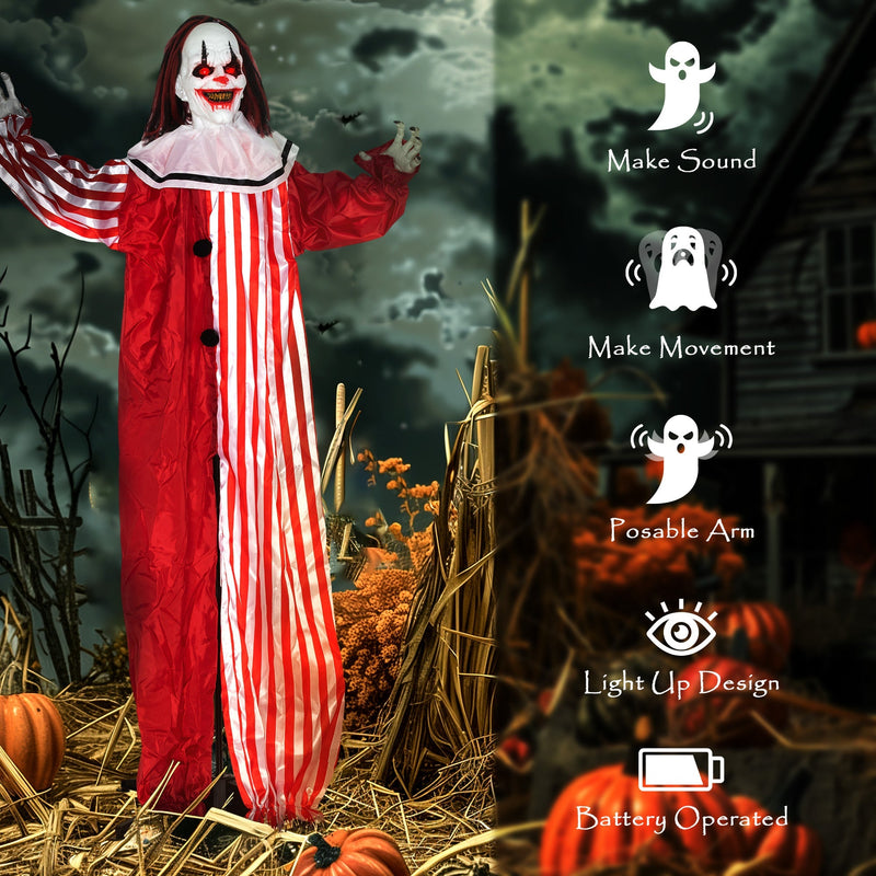 Icon overview of the Outsunny Halloween clown's features: sound, movement, posable arm, lights and battery power