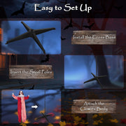 Step-by-step assembly diagram for the Outsunny Halloween clown's cross base, steel poles and body