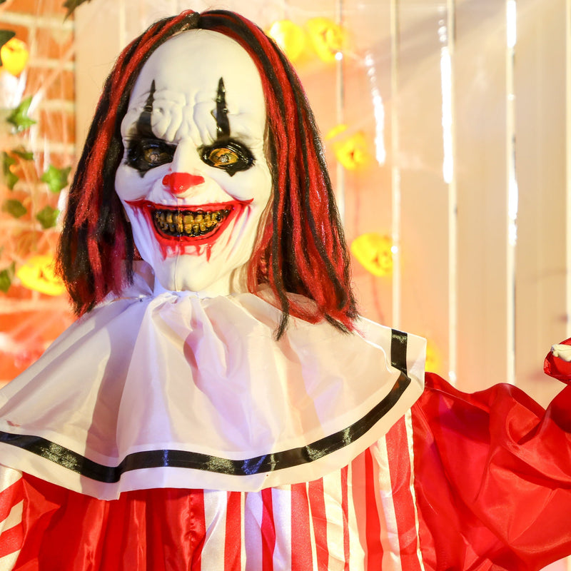 Close-up of the Outsunny Halloween clown's skull-face mask, red eyes and striped collar