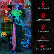 Feature icon list showing Make Sound, Get Movement, Posable Arm, Light Up Eyes and Battery Operated, with the decoration in a lit Halloween scene