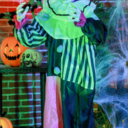 The clown decoration's costume and posed hands shown beside a jack-o'-lantern and skull prop