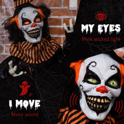 Close-up of the clown's glowing red eyes and grinning painted face