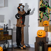 Clown decoration standing indoors in a room decorated with carved pumpkins