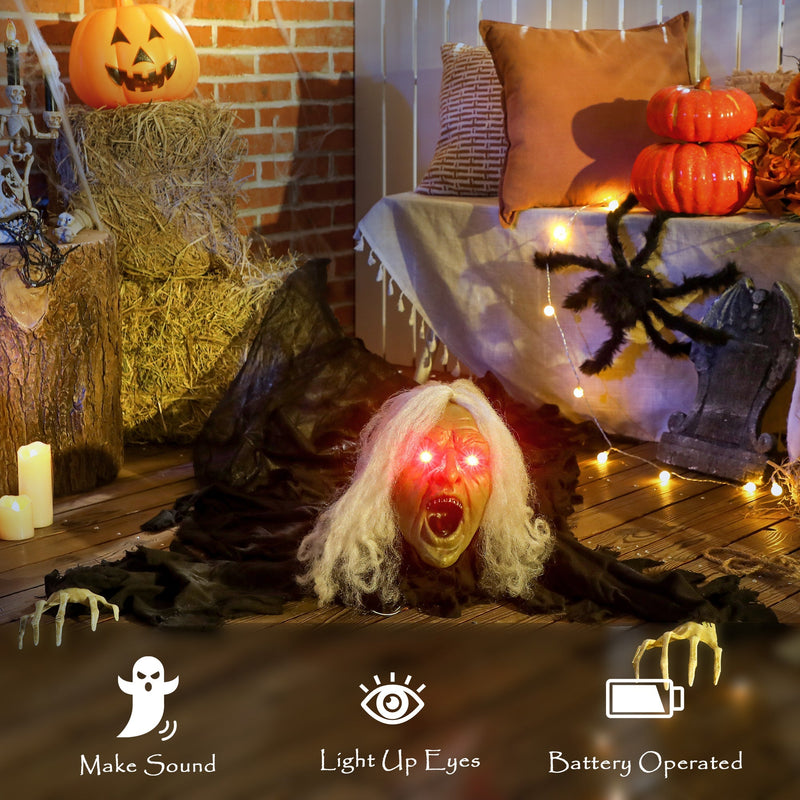 Icon overview of the Outsunny Halloween zombie's features: sound, light-up eyes and battery power