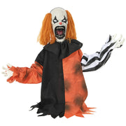 Half-body animated Joker clown decoration with orange hair on plain background
