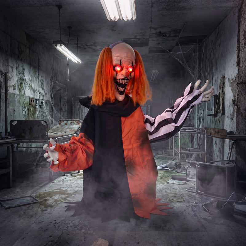 Face-changing Joker clown decoration displayed in an abandoned hospital corridor