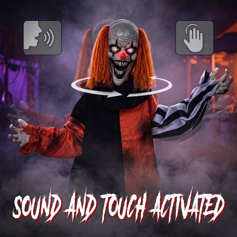 Joker clown decoration labelled with sound and touch activated rotating head