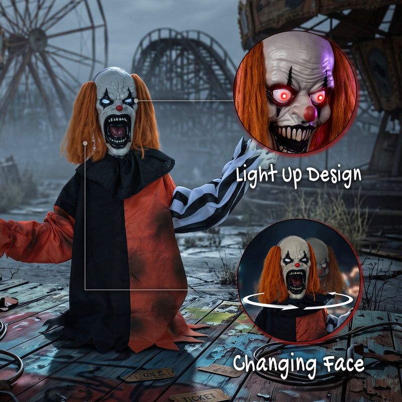 Joker clown decoration labelled with light-up design and changing face feature at a fairground