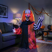 Face-changing Joker clown decoration displayed in a decorated living room for Halloween