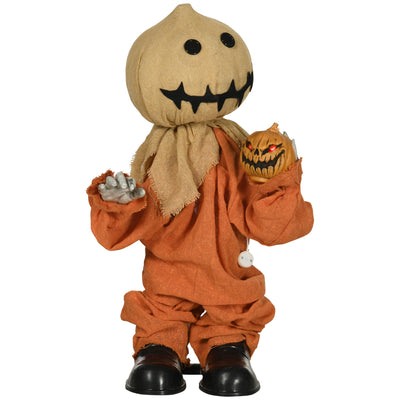 Animated Halloween sack head figure in an orange jumpsuit holding a pumpkin lantern on a white background