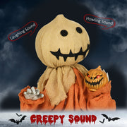 Sack head Halloween figure in mist with laughing and howling sound speech bubbles